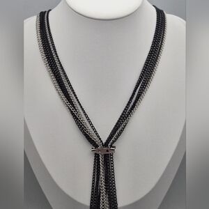 Black & Silver Layered Chain Tassel Necklace Multi Strand